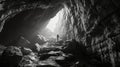 A man walking through a cave