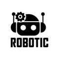 A black and white illustration of a minimalistic robot logo