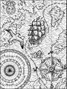 Black and white illustration of old map with sailboat, gull, unknown lands and islands, compass and wind rose Royalty Free Stock Photo