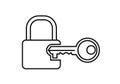 Black and white illustration of an open padlock and key. The padlock has a U-shaped shackle and a Royalty Free Stock Photo