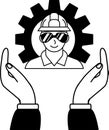 black and white illustration of A pair of hands holding a Worker wearing a hard hat Royalty Free Stock Photo