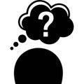 A black and white illustration of a person with a thought bubble containing a large question mark indicating confusion or Royalty Free Stock Photo