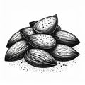 Black and White Illustration of a Pile of Almonds Royalty Free Stock Photo