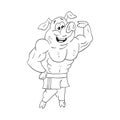Black and white illustration of powerful male pig bodybuilder who shows his impressive muscles