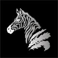 Black white illustration of a psychedellic zebra with feathers. Tattoo idea. Chalk on a blackboard.