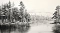 Realistic Charcoal Drawing Of Pine Trees By A Lake Royalty Free Stock Photo