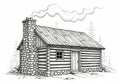 A black and white illustration of a rustic log cabin in a forested setting. The cabin features Royalty Free Stock Photo