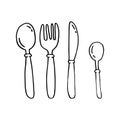 Black and white illustration of a set of cutlery in doodle style