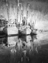 Black and white illustration of shimp boats at dock Royalty Free Stock Photo