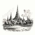 Ink Drawing Of Awa Pagoda In Thailand With Retro Filter Style