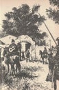 Black and white illustration shows hunters in front of a South American ranch. Drawing shows the hunters. Vintage black