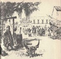 Black and white illustration shows marketplace in a South American city. Drawing shows a South American village. Vintage