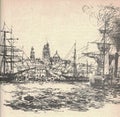 Black and white illustration shows a port in a South American city. Drawing shows a South American harbour. Vintage