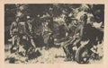 Black and white illustration shows a skirmish between an American Indian and white men. Drawing shows an American