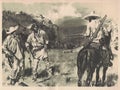 Black and white illustration shows a skirmish between a Mexican and an Amerindian. Drawing shows the Wild West. Vintage