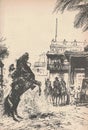 Black and white illustration shows street in a South American city in the 19th century. Drawing shows a man tames a