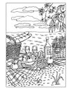 sketch, picnic in nature, fruits, wine, glasses and baskets on a checkered tablecloth. For anti stress coloring pages