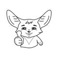 Black and white illustration of smiling pleased fennec fox who shows his thumb with approval