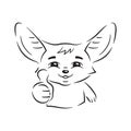 Black and white illustration of smiling pleased fennec fox who shows his thumb with approval