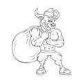 Black and white illustration of a strong muscular cartoon bull with a huge bag of gifts