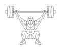 Black and white illustration of strong muscular weightlifter who lifting barbell