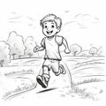 Black And White Illustration For Toddler\'s Coloring Book: Active Little Boy Racing In Open Field