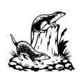 Two stylized otters one on a log and one on the ground with grass and rocks animal wildlife Royalty Free Stock Photo