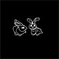 Black-white illustration of two rabbits in love. Chinese rabbits. Tattoo idea. Chalk on a blackboard.