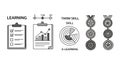 A black and white illustration of various learning and skill development icons on a white background Royalty Free Stock Photo