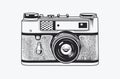 Black and white illustration of a vintage rangefinder camera