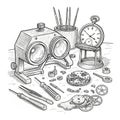 Black and white illustration of watchmaking tools and components. Royalty Free Stock Photo