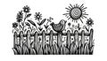 Black and White Illustration of Whimsical Garden with Bird and Sun