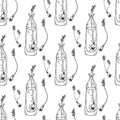 Black and white illustration on white background. Seamless pattern. Bottle with sprouts.