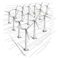 Black and white illustration of a wind farm featuring multiple wind turbines with three Royalty Free Stock Photo