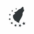 Black and white illustration of a wolf, stars on a white background.