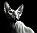 Black and white low key illustratrion portrait from a Sphynx cat wit large ears Royalty Free Stock Photo