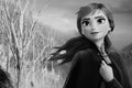 Black and White Image of Anna character figure at event Frozen 2 Magical Journey. Poster from Frozen 2 Magical Journey roadshow at