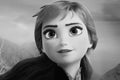 Black and White Image of Anna character figure at event Frozen 2 Magical Journey. Poster from Frozen 2 Magical Journey roadshow at