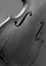 Black and white image of an antique violin on display