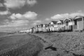 Black and white image of beach huts at Thorpe Bay, Essex, England, United Kingdom