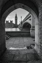 Black and white image of the Big Ben and Houses of parliament from a narrow tunnel Royalty Free Stock Photo