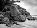 Black and white image of big rocks on the beach at tropical island lagoon