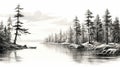 Serene Black And White Canoe Sketch With Pine Trees