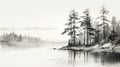 Delicate Watercolor Landscape: Black And White Sketch Of Pine Trees By The Lake