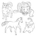 Black and white image of a cat, dog, horse and tiger