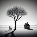 A black and white image of a chair under a bare tree next to a small house. The sky is a blank white canvas Royalty Free Stock Photo