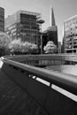 A black and white image of City hall Railing leading towards The Shard. Royalty Free Stock Photo