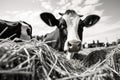 Black and white image of a cow eating hay on a farm, Black and white cow eating hay, Feeding cows, AI Generated Royalty Free Stock Photo