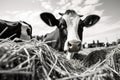 Black and white image of a cow eating hay on a farm, Black and white cow eating hay, Feeding cows, AI Generated