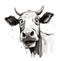 Quirky Watercolor Illustration: Humorous Black And White Cow\'s Face Sketch